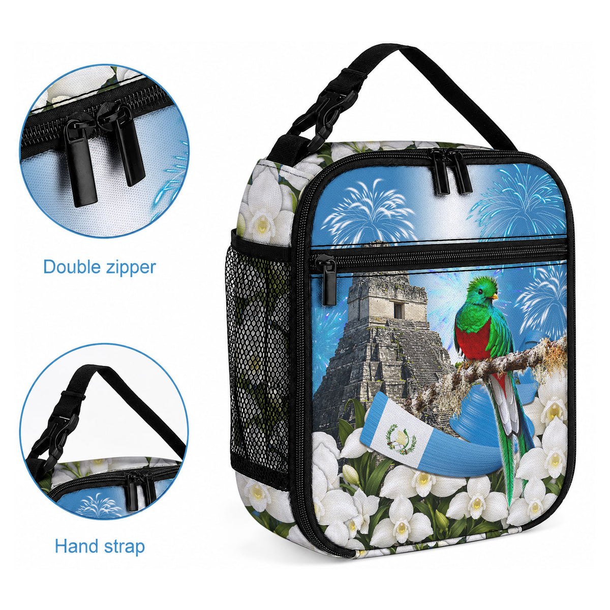 Guatemala Quetzal And Mayan Ruins Lunch Bag Patriotic National Symbols White Orchid Flag