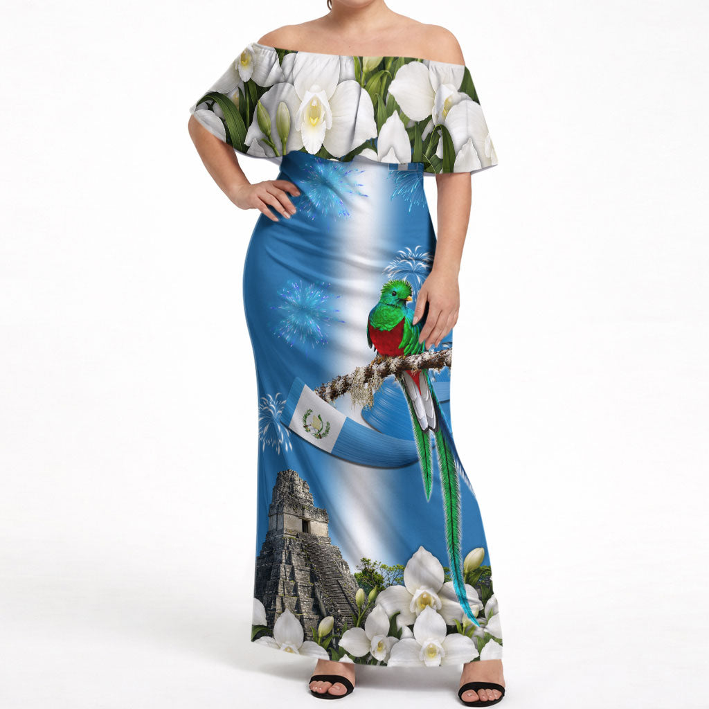Guatemala Quetzal And Mayan Ruins Off Shoulder Maxi Dress Patriotic National Symbols White Orchid Flag