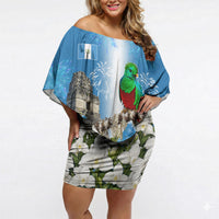 Guatemala Quetzal And Mayan Ruins Off Shoulder Short Dress Patriotic National Symbols White Orchid Flag