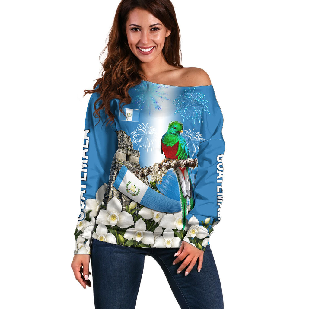 Guatemala Quetzal And Mayan Ruins Off Shoulder Sweater Patriotic National Symbols White Orchid Flag