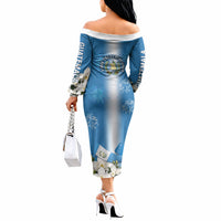 Guatemala Quetzal And Mayan Ruins Off The Shoulder Long Sleeve Dress Patriotic National Symbols White Orchid Flag
