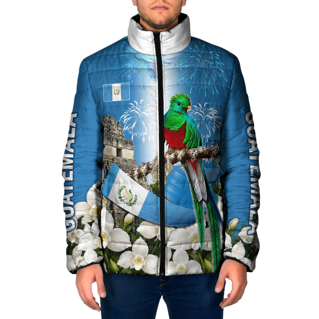 Guatemala Quetzal And Mayan Ruins Padded Jacket Patriotic National Symbols White Orchid Flag