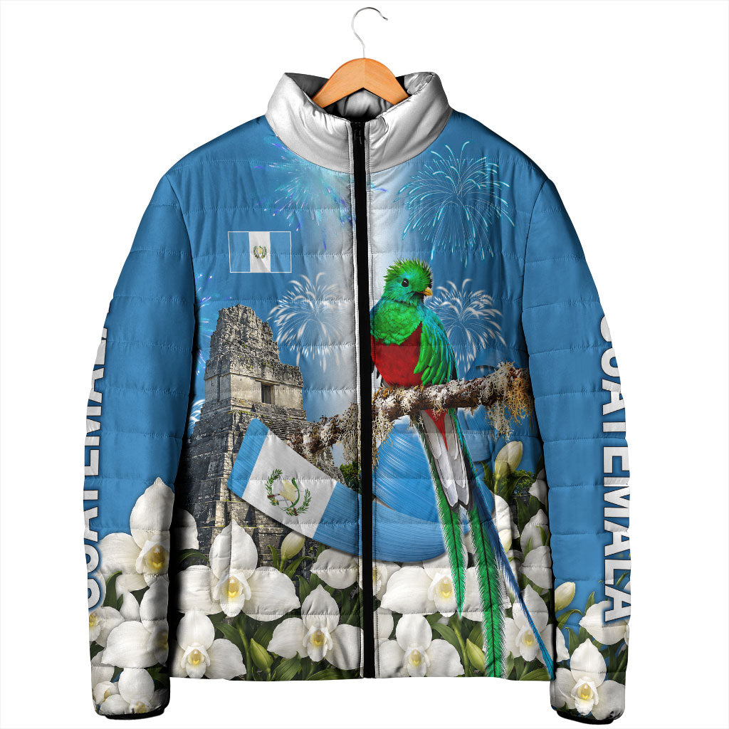 Guatemala Quetzal And Mayan Ruins Padded Jacket Patriotic National Symbols White Orchid Flag
