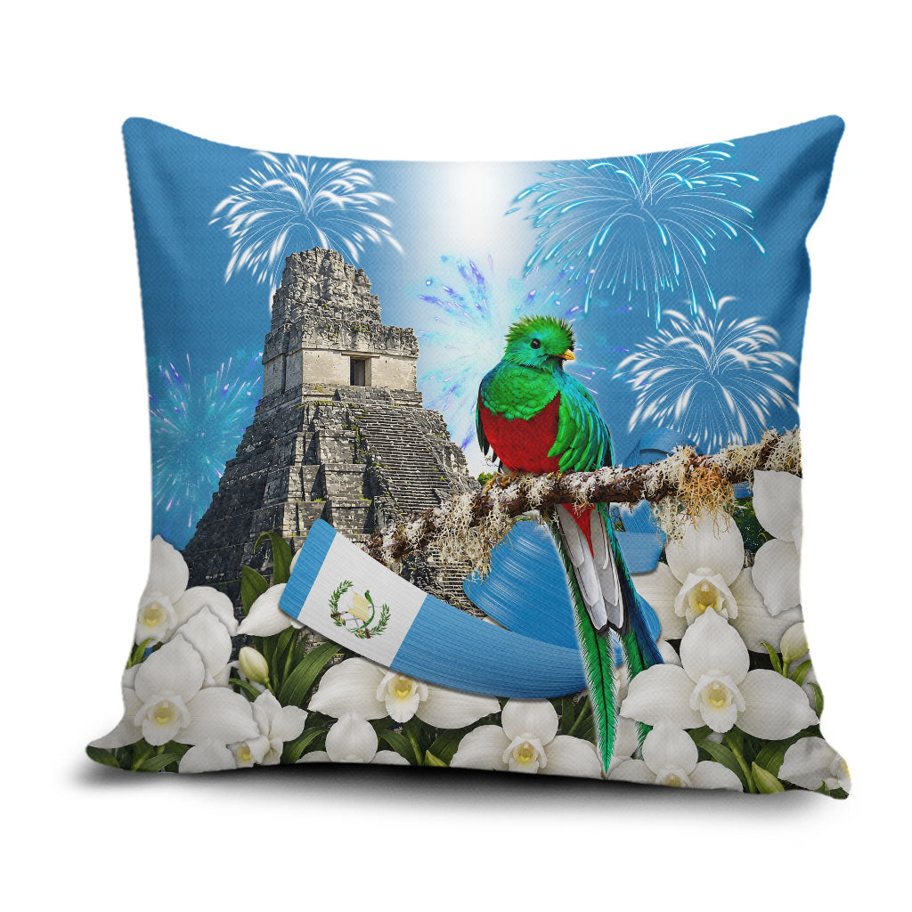 Guatemala Quetzal And Mayan Ruins Pillow Cover Patriotic National Symbols White Orchid Flag