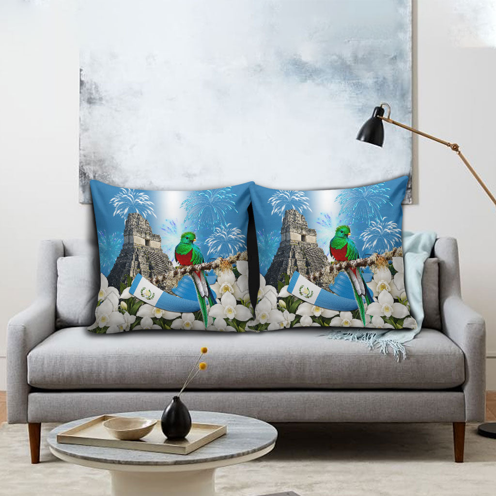 Guatemala Quetzal And Mayan Ruins Pillow Cover Patriotic National Symbols White Orchid Flag