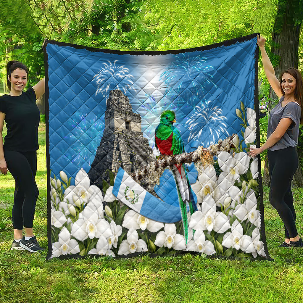 Guatemala Quetzal And Mayan Ruins Quilt Patriotic National Symbols White Orchid Flag