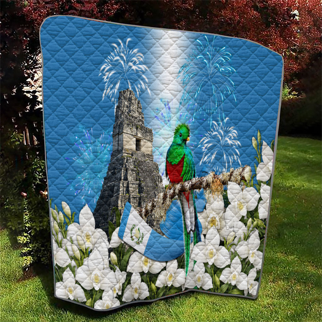 Guatemala Quetzal And Mayan Ruins Quilt Patriotic National Symbols White Orchid Flag