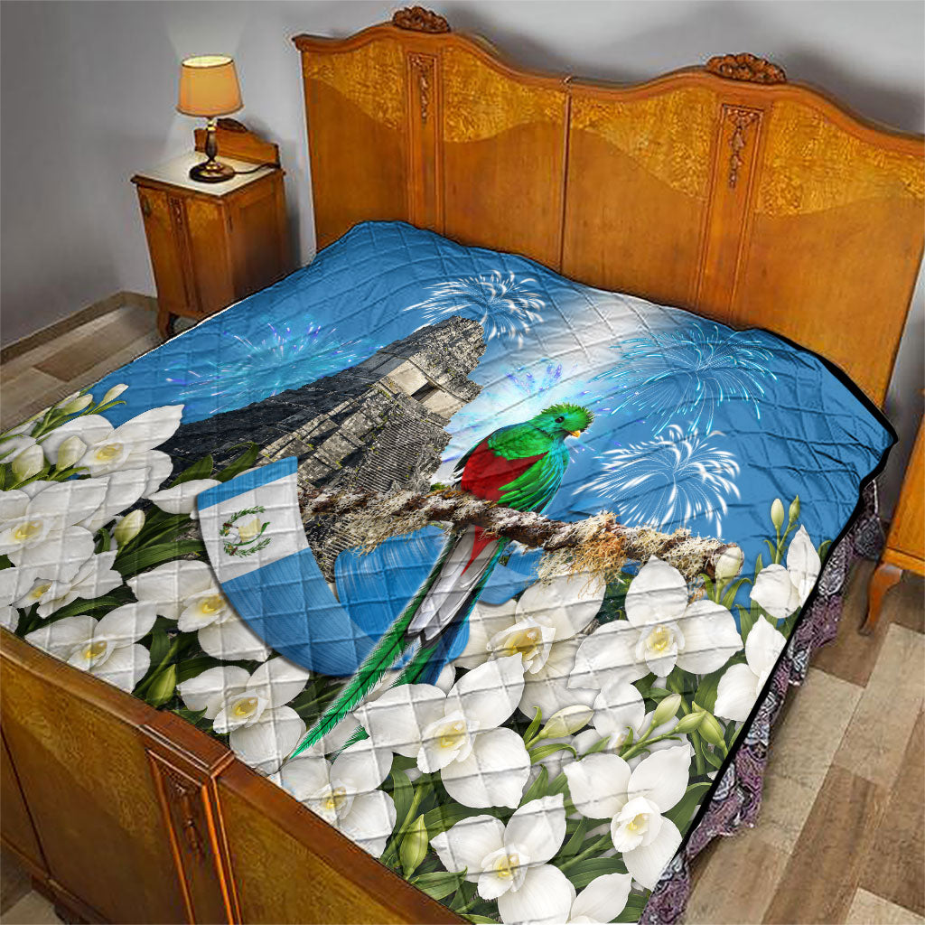 Guatemala Quetzal And Mayan Ruins Quilt Patriotic National Symbols White Orchid Flag
