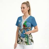 Guatemala Quetzal And Mayan Ruins Scrub Top Patriotic National Symbols White Orchid Flag