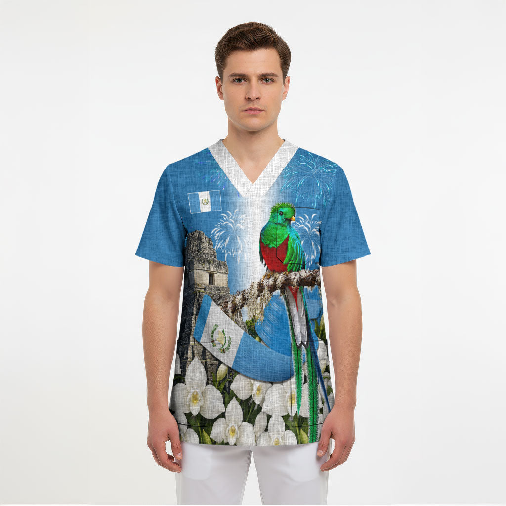 Guatemala Quetzal And Mayan Ruins Scrub Top Patriotic National Symbols White Orchid Flag