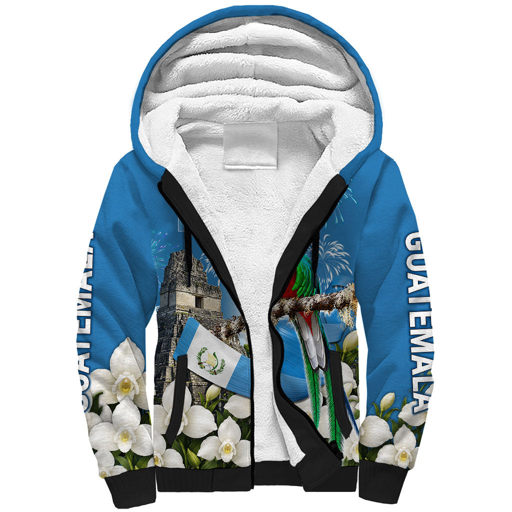Guatemala Quetzal And Mayan Ruins Sherpa Hoodie Patriotic National Symbols White Orchid Flag