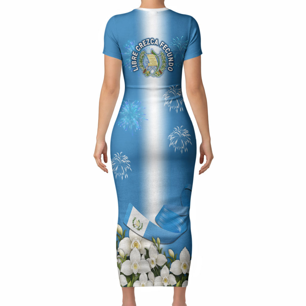 Guatemala Quetzal And Mayan Ruins Short Sleeve Bodycon Dress Patriotic National Symbols White Orchid Flag