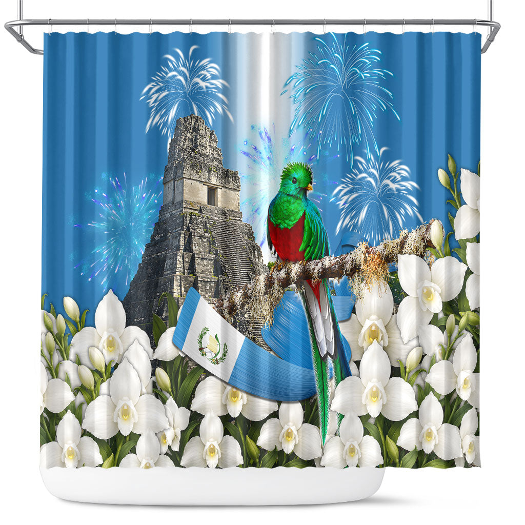 Guatemala Quetzal And Mayan Ruins Shower Curtain Patriotic National Symbols White Orchid Flag