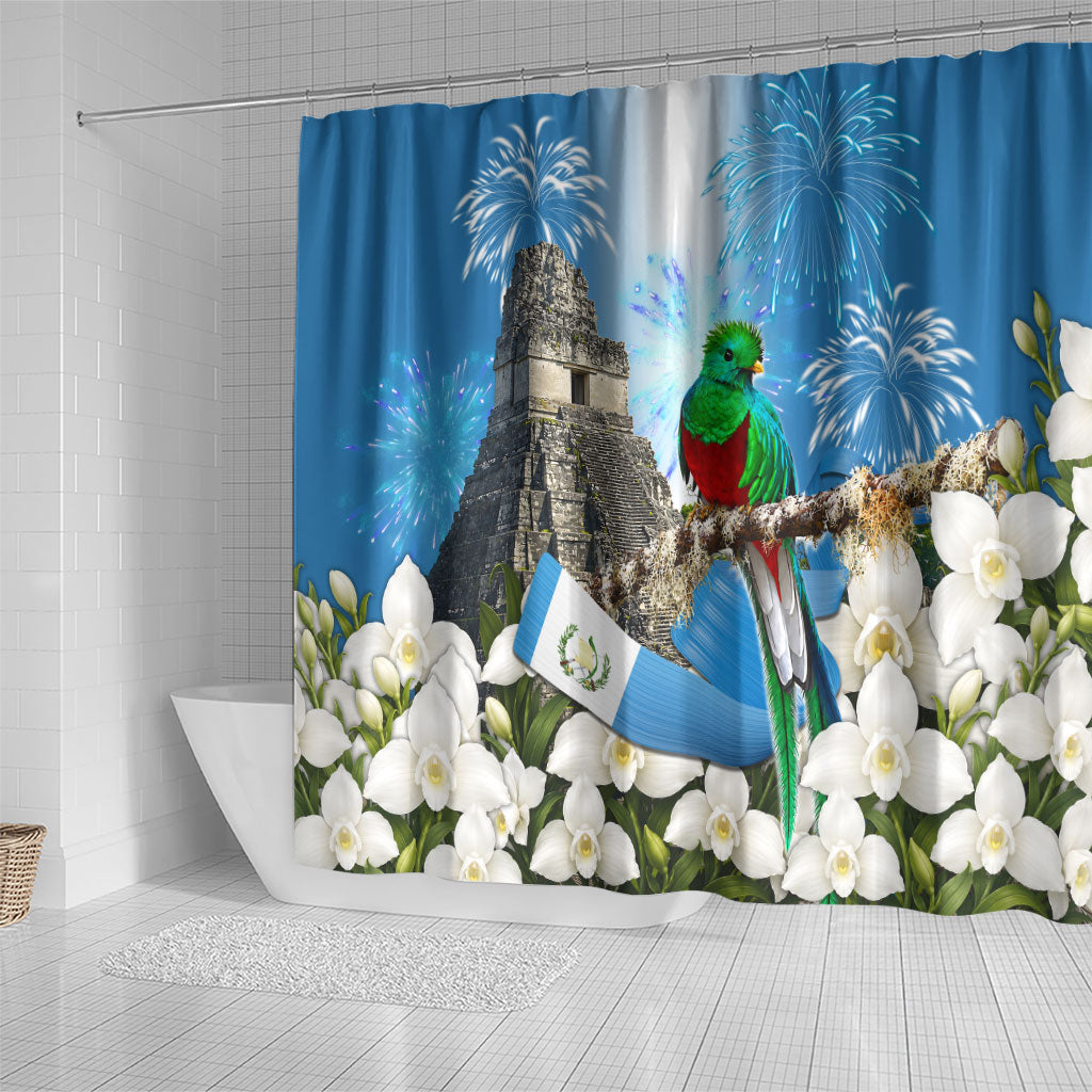 Guatemala Quetzal And Mayan Ruins Shower Curtain Patriotic National Symbols White Orchid Flag