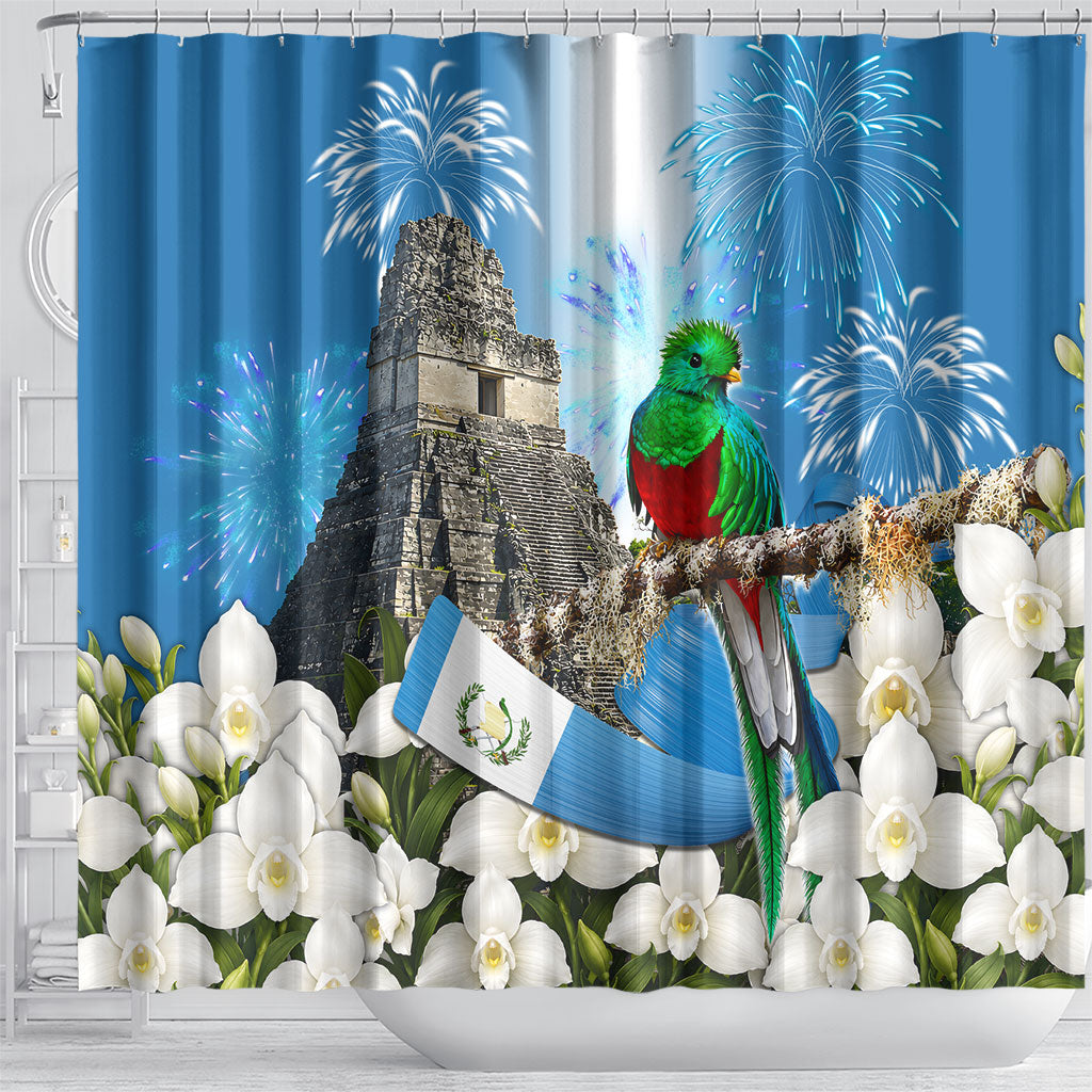 Guatemala Quetzal And Mayan Ruins Shower Curtain Patriotic National Symbols White Orchid Flag