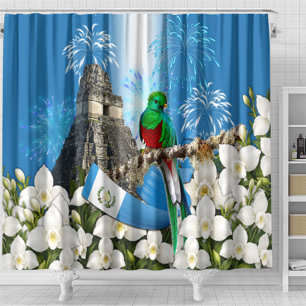 Guatemala Quetzal And Mayan Ruins Shower Curtain Patriotic National Symbols White Orchid Flag