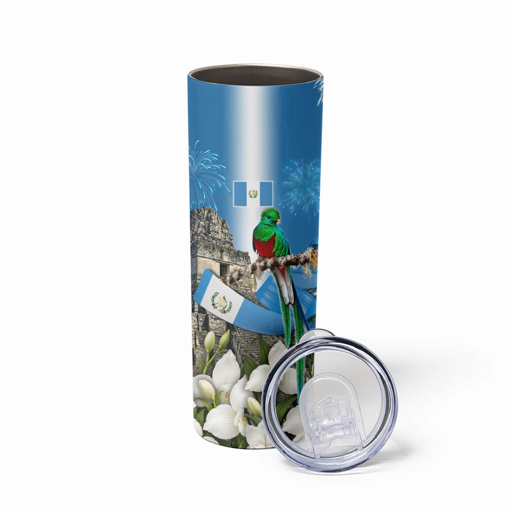 Guatemala Quetzal And Mayan Ruins Skinny Tumbler Patriotic National Symbols White Orchid Flag