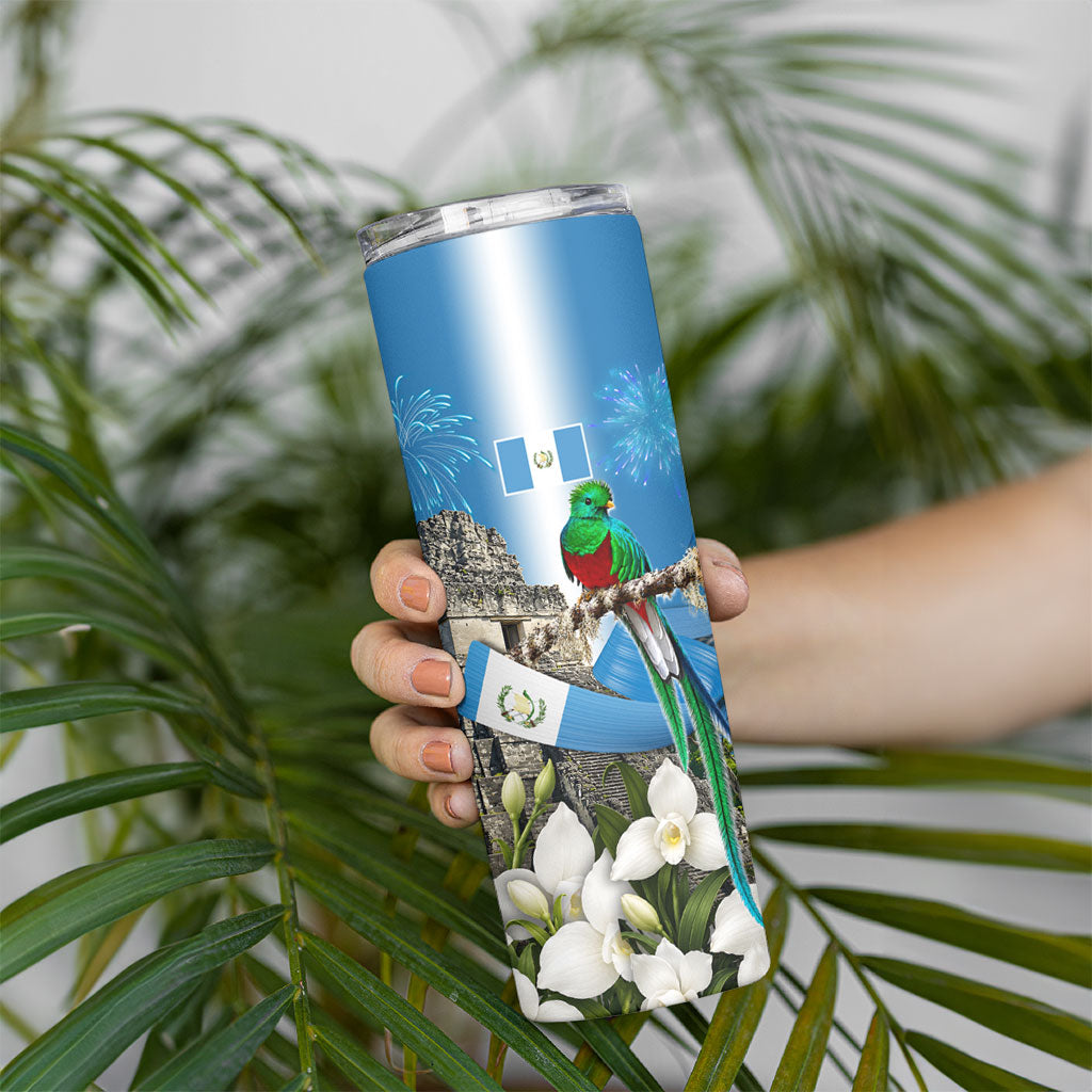 Guatemala Quetzal And Mayan Ruins Skinny Tumbler Patriotic National Symbols White Orchid Flag