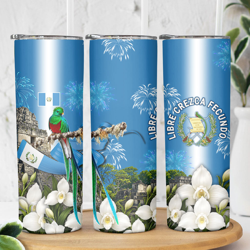 Guatemala Quetzal And Mayan Ruins Skinny Tumbler Patriotic National Symbols White Orchid Flag