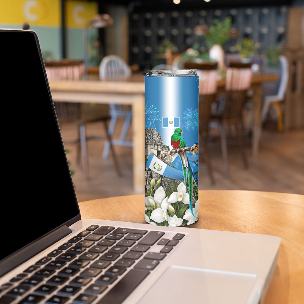 Guatemala Quetzal And Mayan Ruins Skinny Tumbler Patriotic National Symbols White Orchid Flag