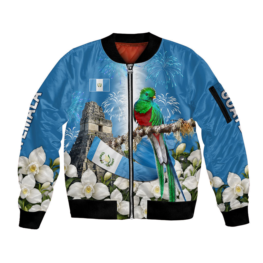 Guatemala Quetzal And Mayan Ruins Sleeve Zip Bomber Jacket Patriotic National Symbols White Orchid Flag