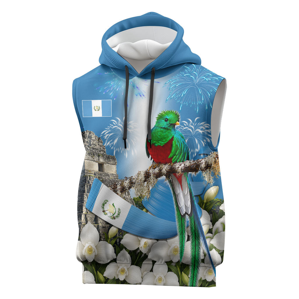 Guatemala Quetzal And Mayan Ruins Sleeveless Hoodie Patriotic National Symbols White Orchid Flag