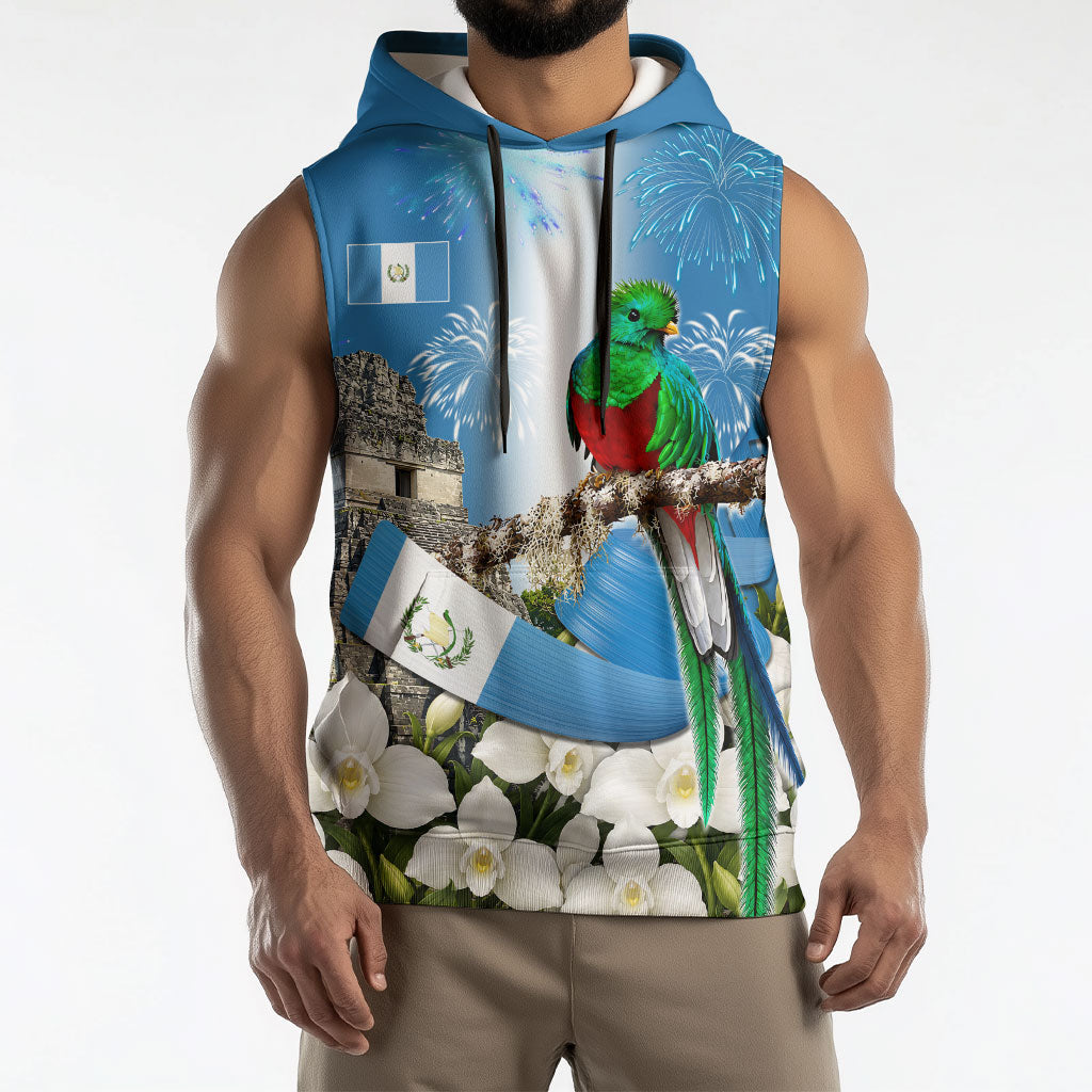 Guatemala Quetzal And Mayan Ruins Sleeveless Hoodie Patriotic National Symbols White Orchid Flag
