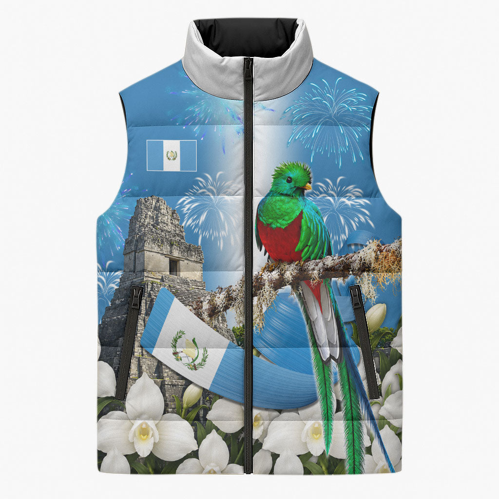 Guatemala Quetzal And Mayan Ruins Sleeveless Puffer Jacket Patriotic National Symbols White Orchid Flag
