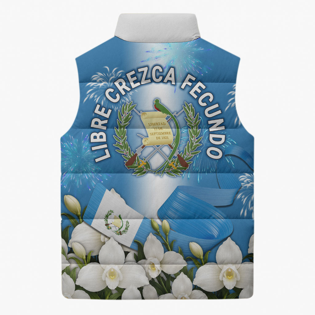 Guatemala Quetzal And Mayan Ruins Sleeveless Puffer Jacket Patriotic National Symbols White Orchid Flag