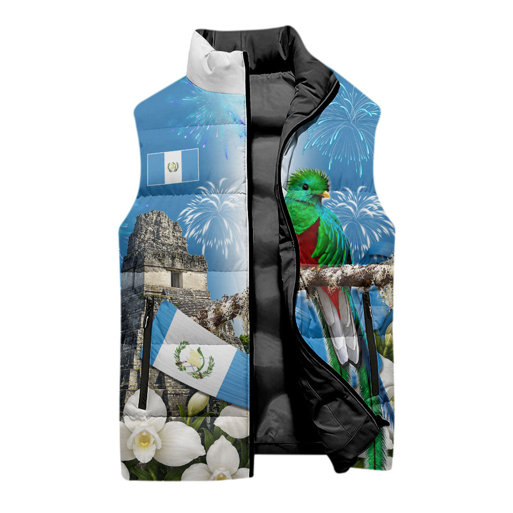 Guatemala Quetzal And Mayan Ruins Sleeveless Puffer Jacket Patriotic National Symbols White Orchid Flag