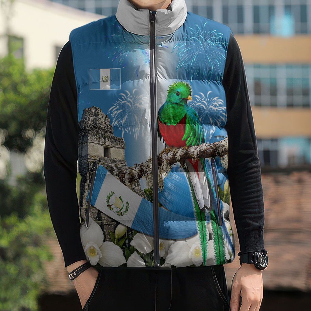 Guatemala Quetzal And Mayan Ruins Sleeveless Puffer Jacket Patriotic National Symbols White Orchid Flag