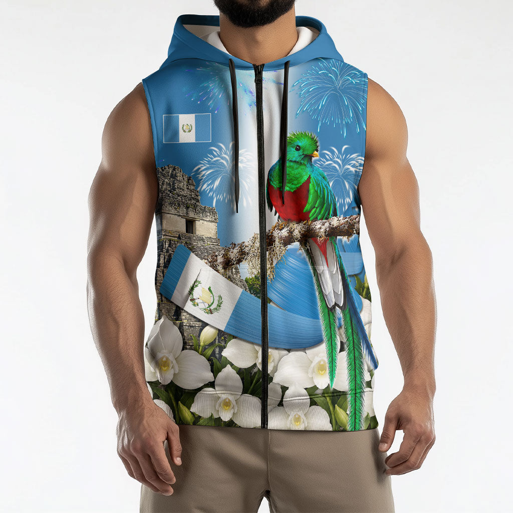 Guatemala Quetzal And Mayan Ruins Sleeveless Zip Hoodie Patriotic National Symbols White Orchid Flag
