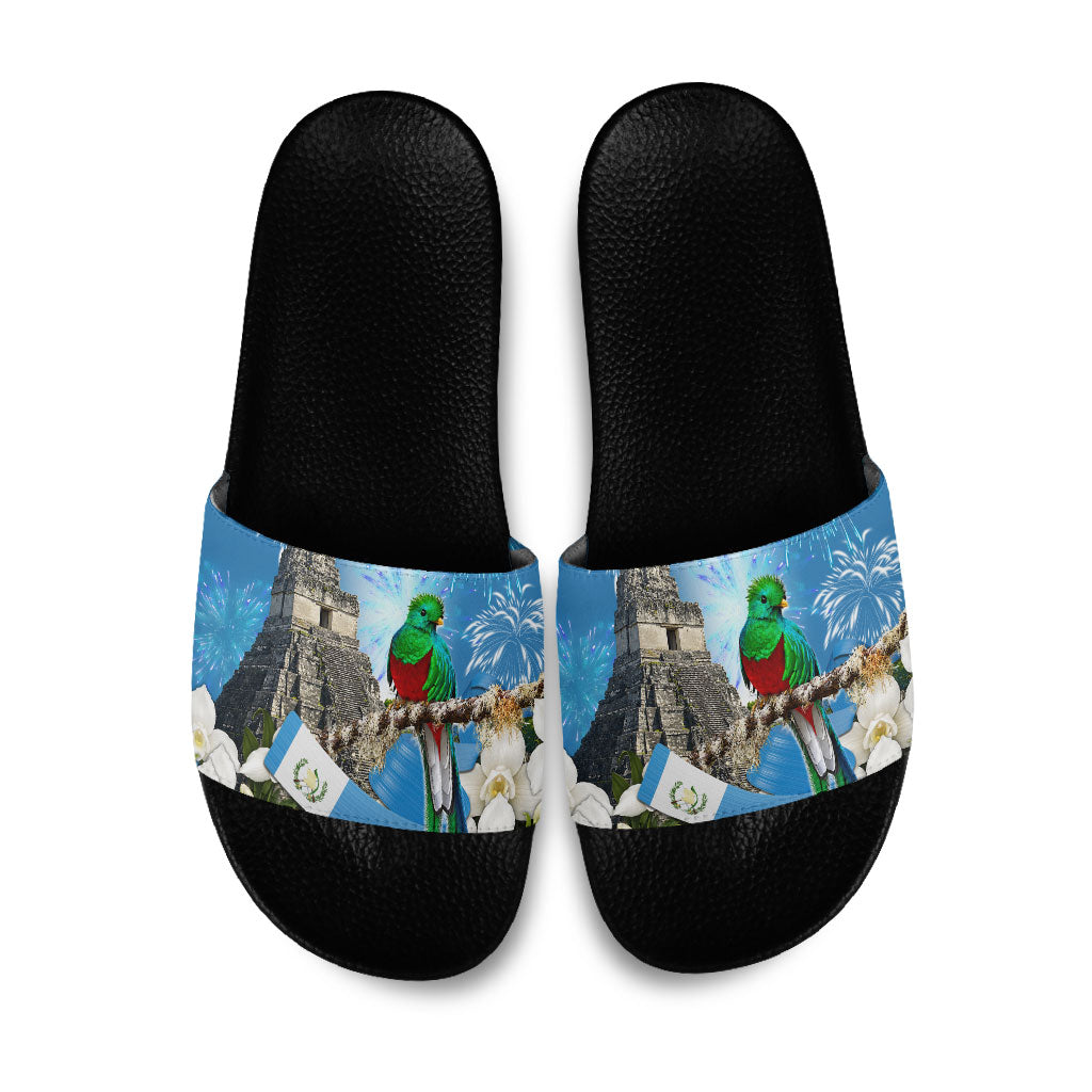 Guatemala Quetzal And Mayan Ruins Slide Sandals Patriotic National Symbols White Orchid Flag