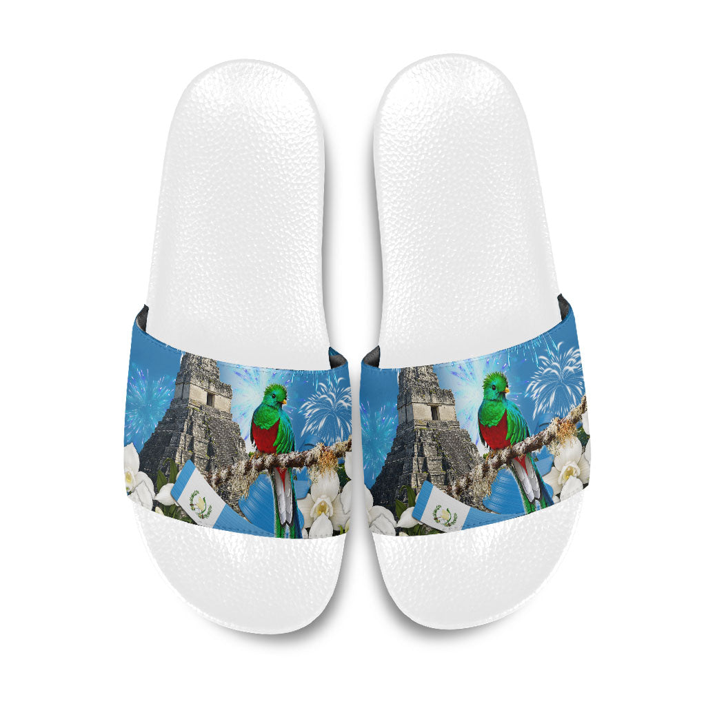 Guatemala Quetzal And Mayan Ruins Slide Sandals Patriotic National Symbols White Orchid Flag