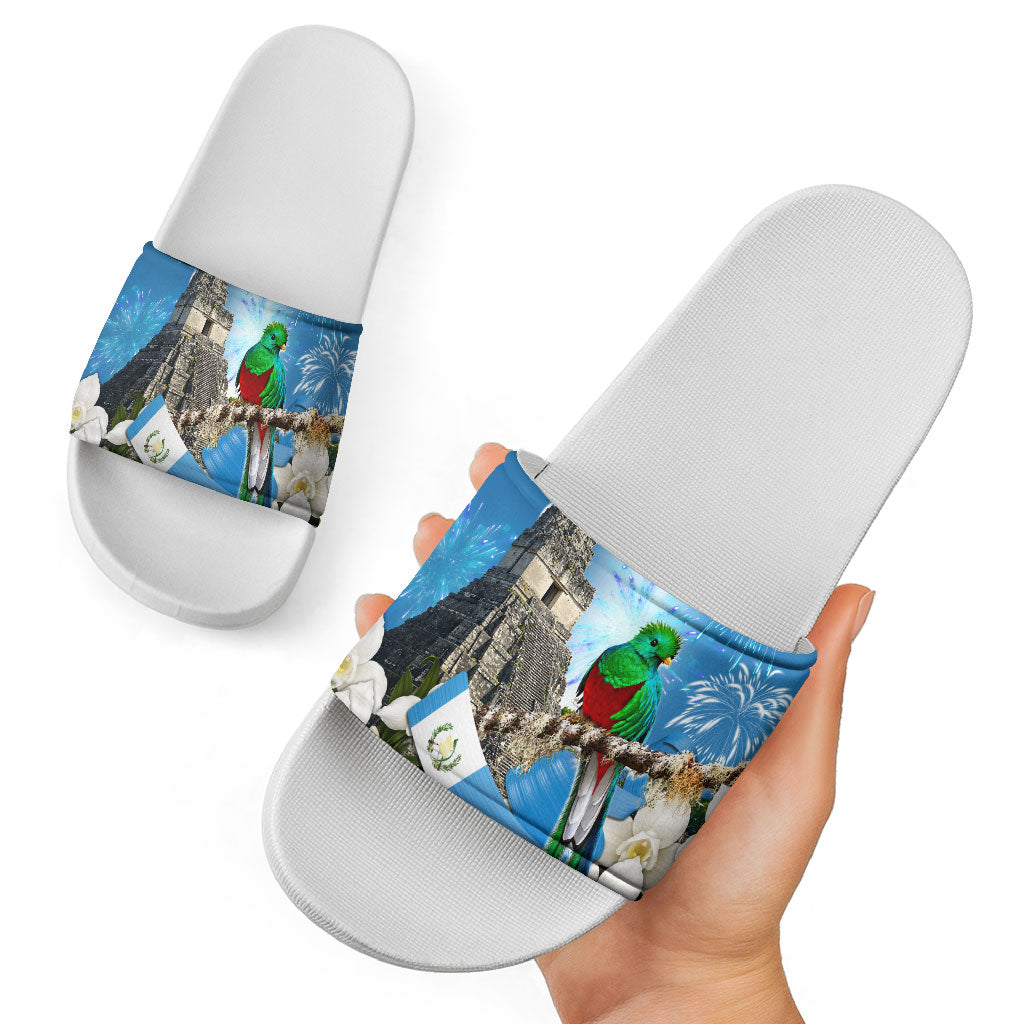 Guatemala Quetzal And Mayan Ruins Slide Sandals Patriotic National Symbols White Orchid Flag