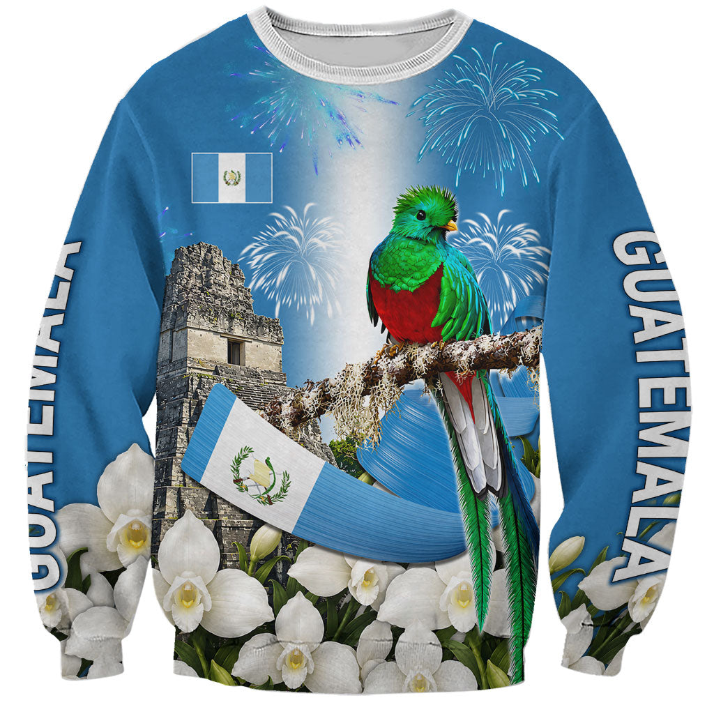 Guatemala Quetzal And Mayan Ruins Sweatshirt Patriotic National Symbols White Orchid Flag