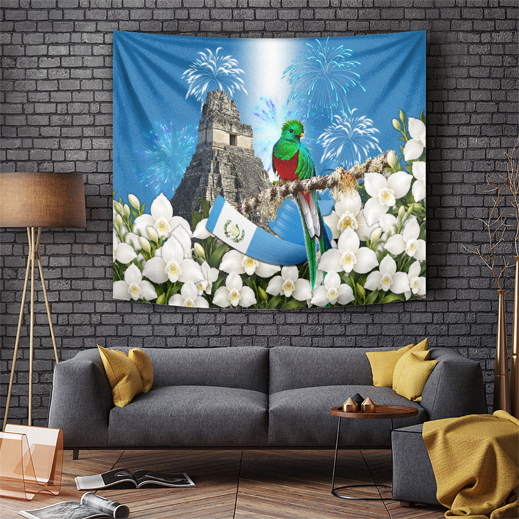 Guatemala Quetzal And Mayan Ruins Tapestry Patriotic National Symbols White Orchid Flag