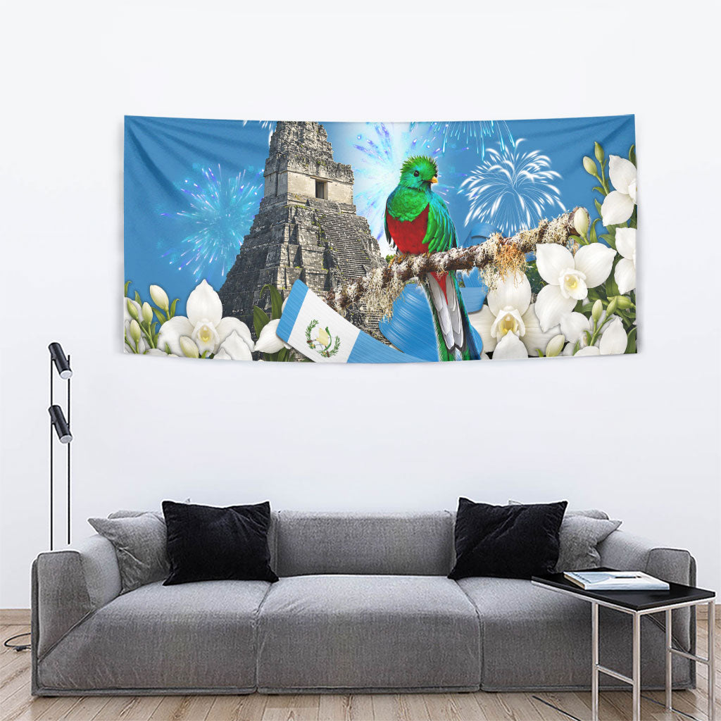 Guatemala Quetzal And Mayan Ruins Tapestry Patriotic National Symbols White Orchid Flag