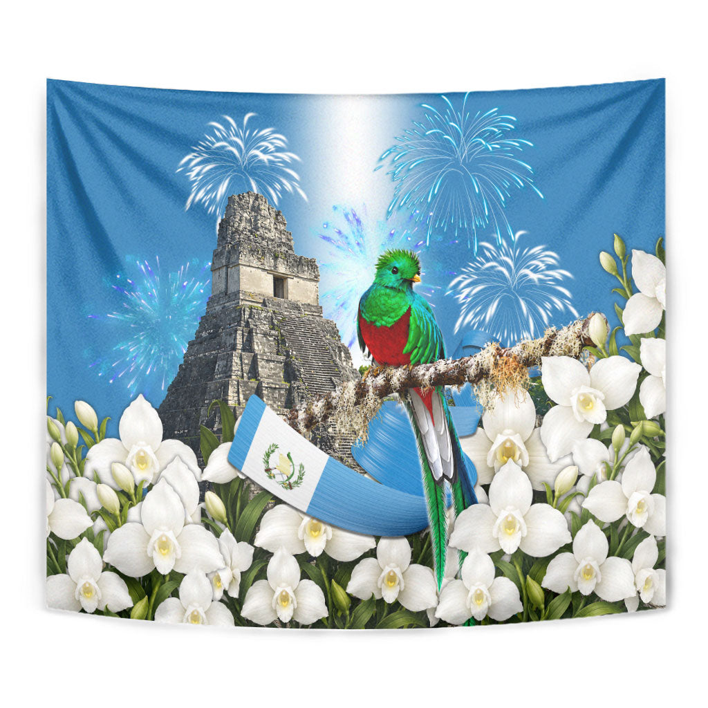 Guatemala Quetzal And Mayan Ruins Tapestry Patriotic National Symbols White Orchid Flag