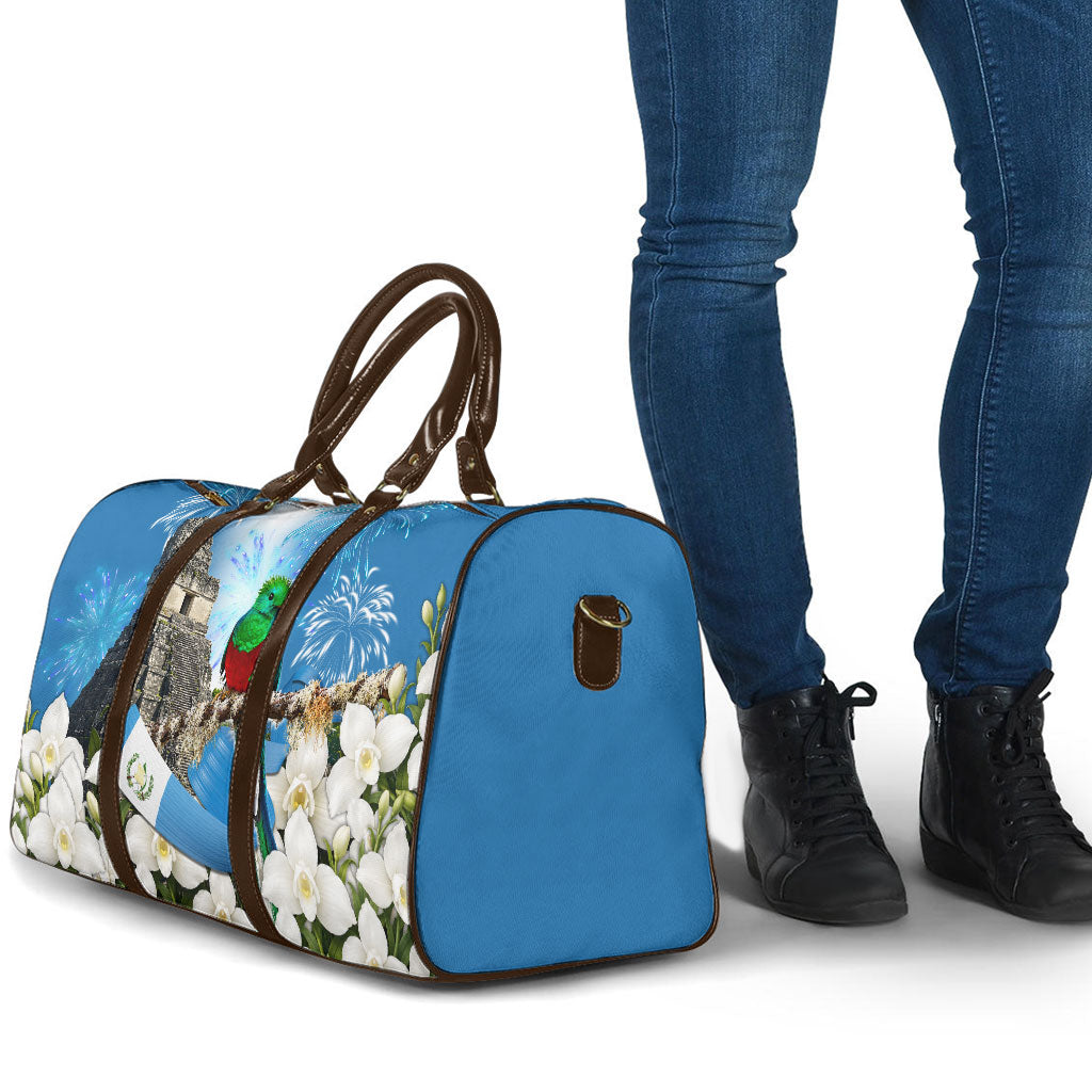 Guatemala Quetzal And Mayan Ruins Travel Bag Patriotic National Symbols White Orchid Flag