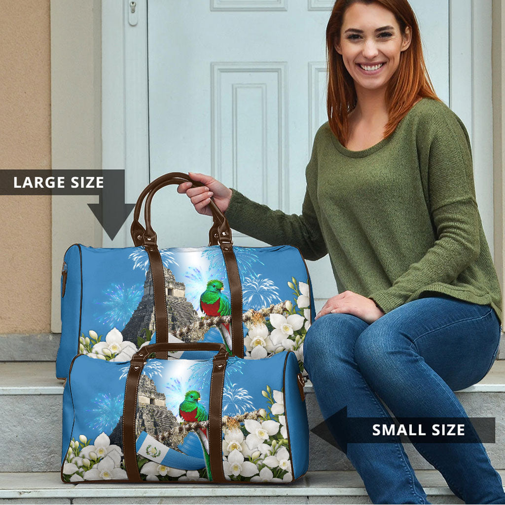 Guatemala Quetzal And Mayan Ruins Travel Bag Patriotic National Symbols White Orchid Flag
