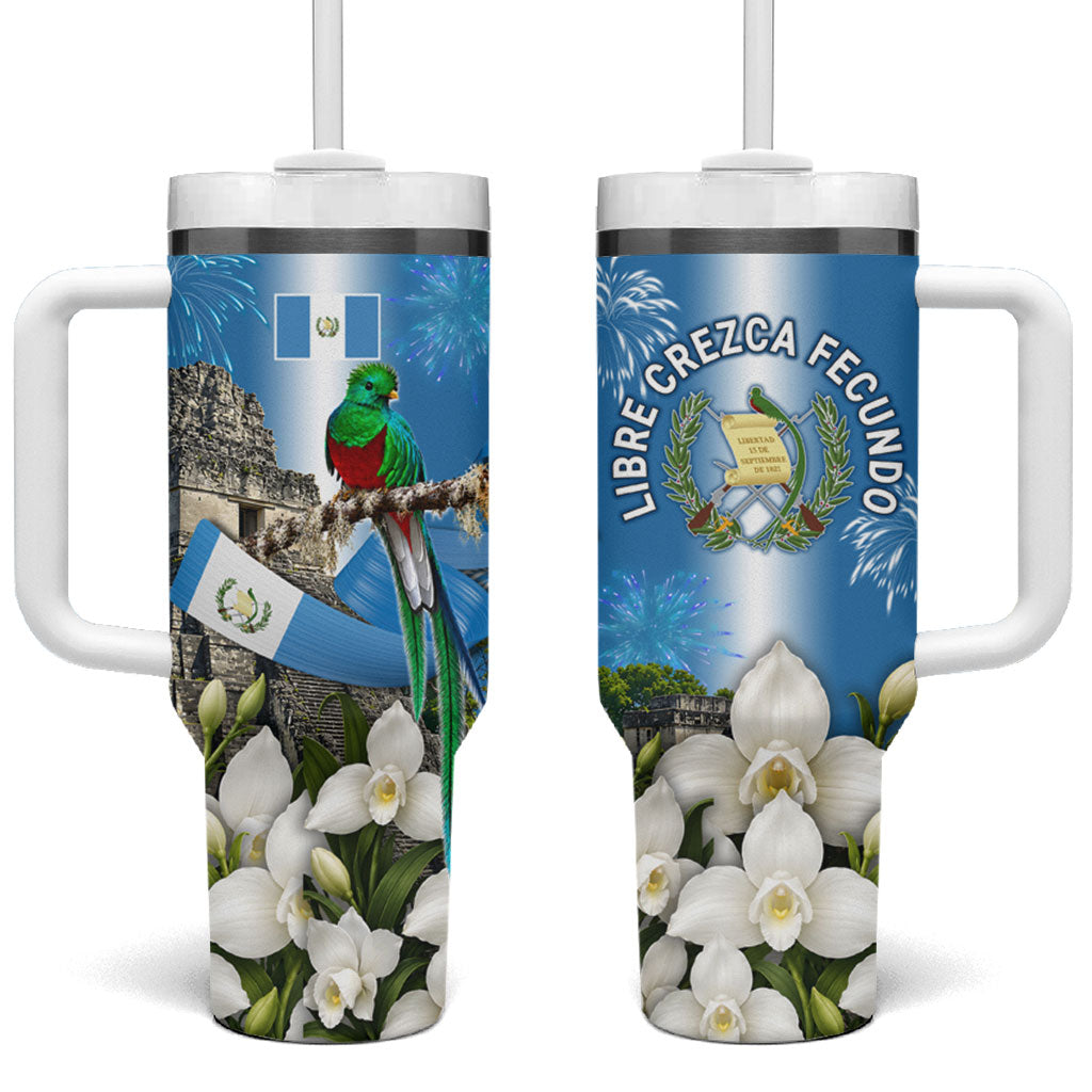 Guatemala Quetzal And Mayan Ruins Tumbler With Handle Patriotic National Symbols White Orchid Flag