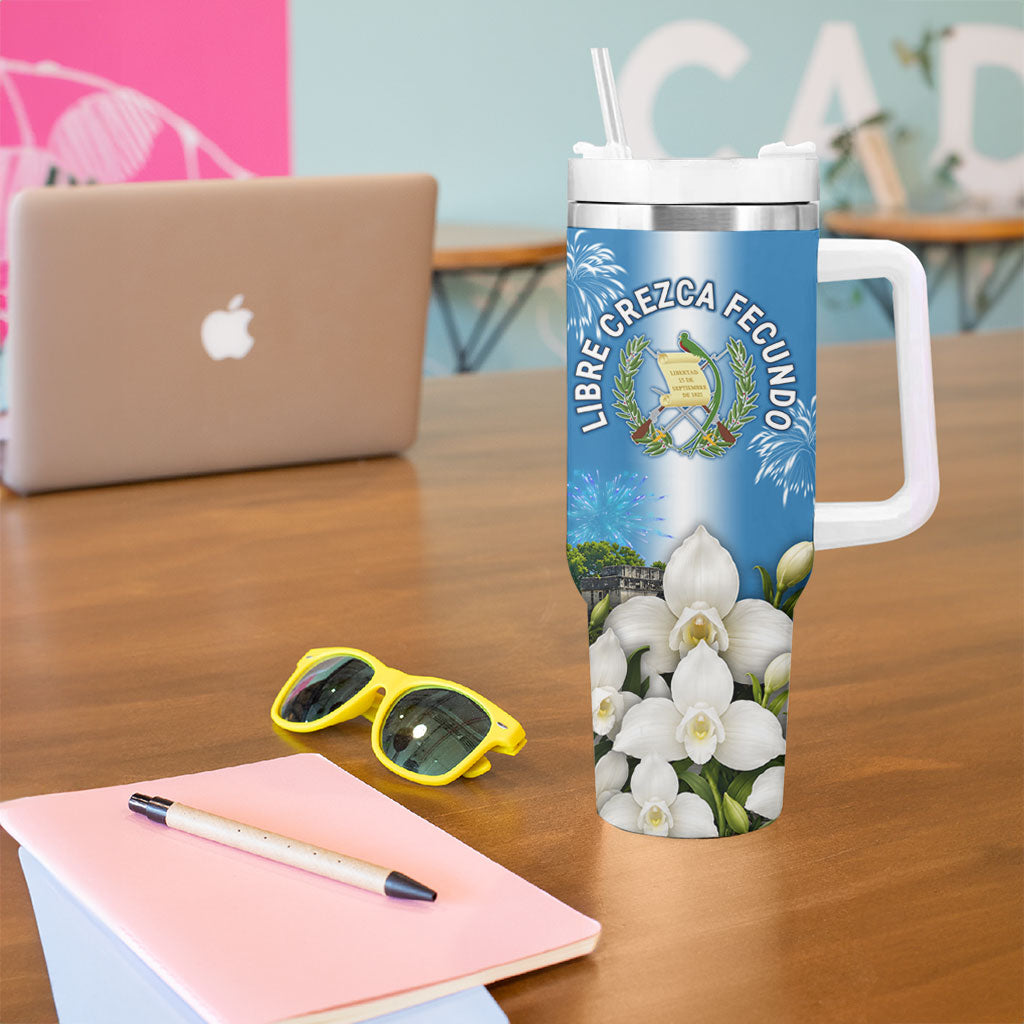 Guatemala Quetzal And Mayan Ruins Tumbler With Handle Patriotic National Symbols White Orchid Flag