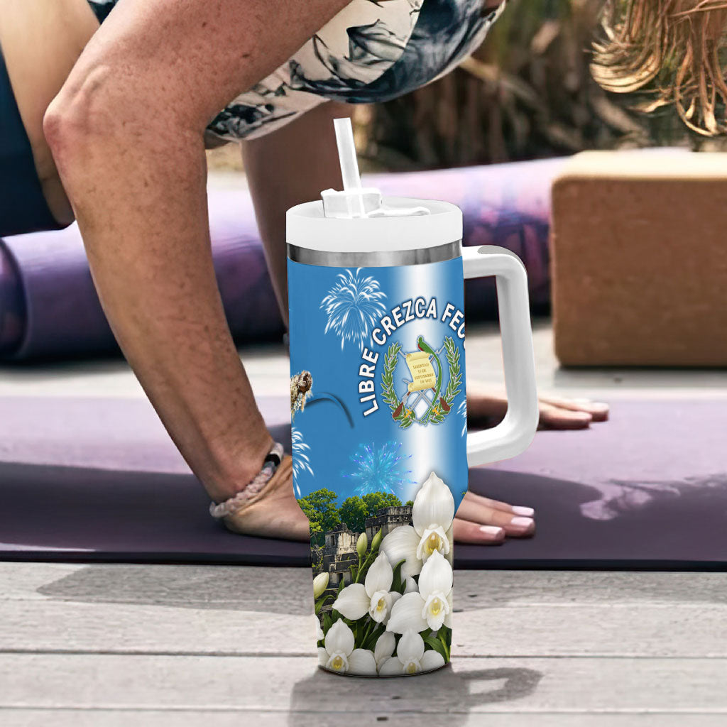 Guatemala Quetzal And Mayan Ruins Tumbler With Handle Patriotic National Symbols White Orchid Flag