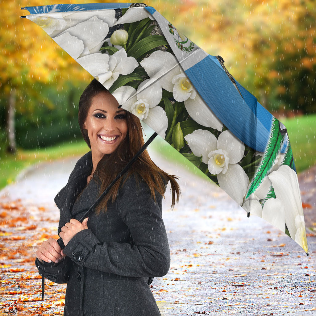 Guatemala Quetzal And Mayan Ruins Umbrella Patriotic National Symbols White Orchid Flag