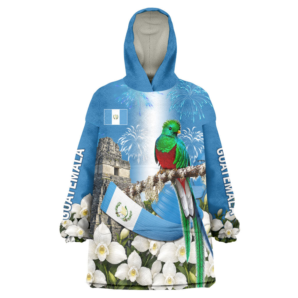 Guatemala Quetzal And Mayan Ruins Wearable Blanket Hoodie Patriotic National Symbols White Orchid Flag