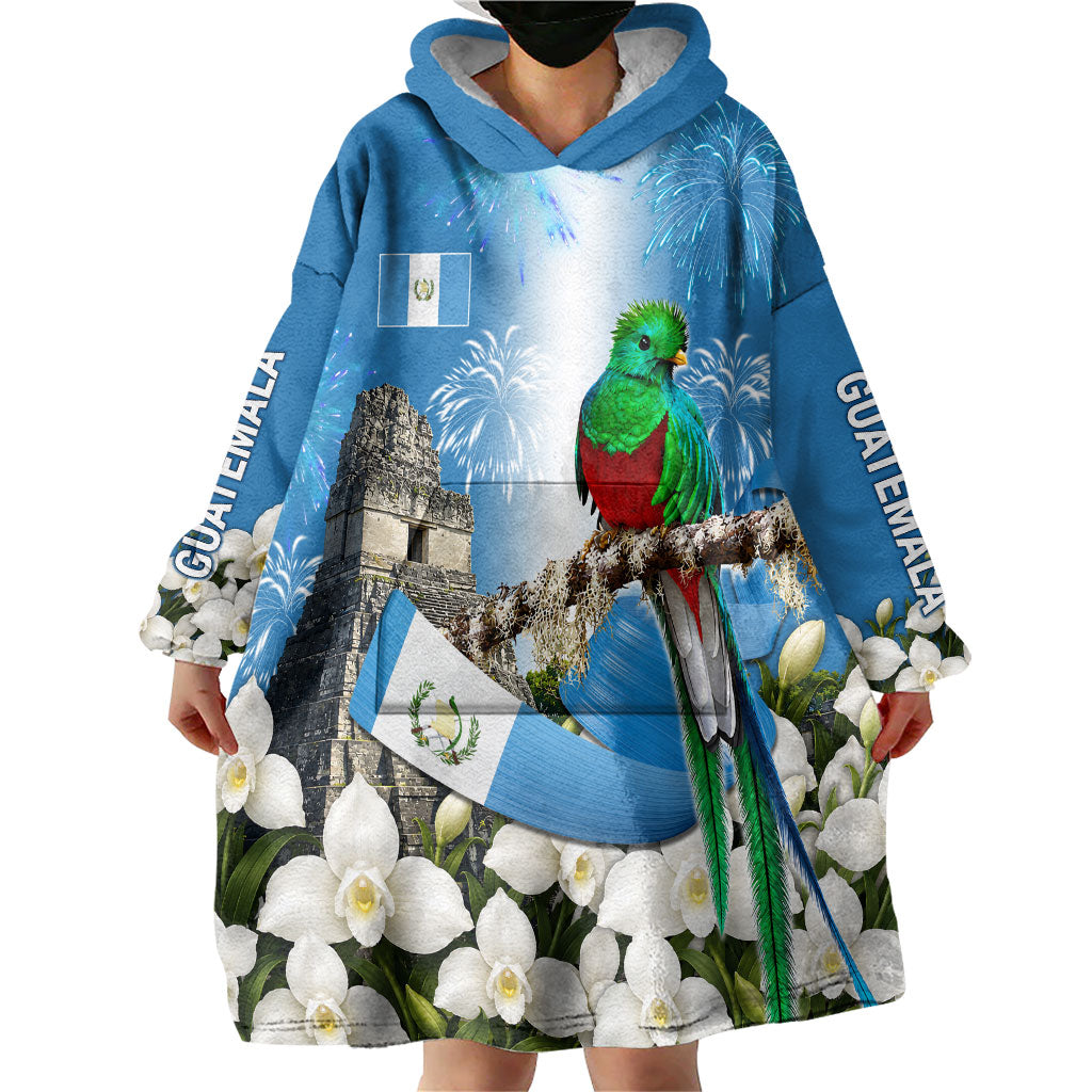 Guatemala Quetzal And Mayan Ruins Wearable Blanket Hoodie Patriotic National Symbols White Orchid Flag