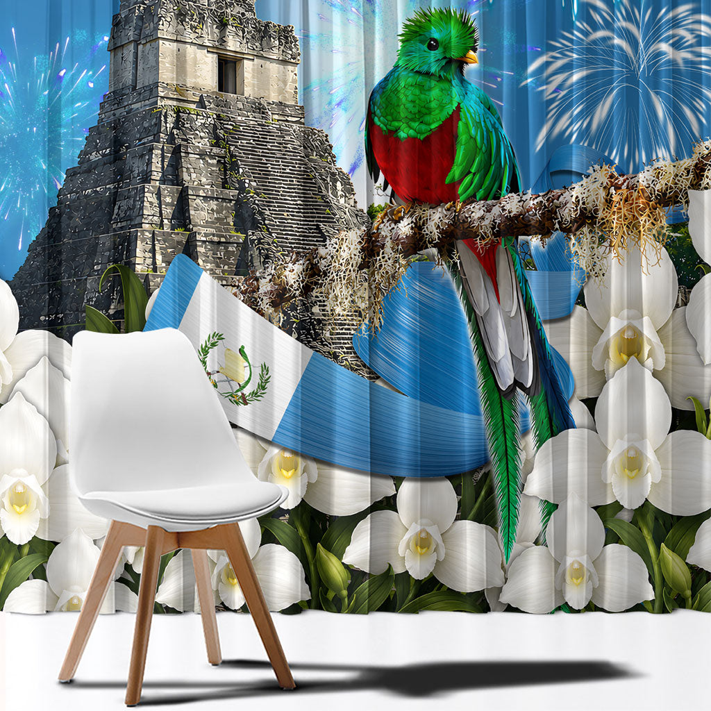 Guatemala Quetzal And Mayan Ruins Window Curtain Patriotic National Symbols White Orchid Flag