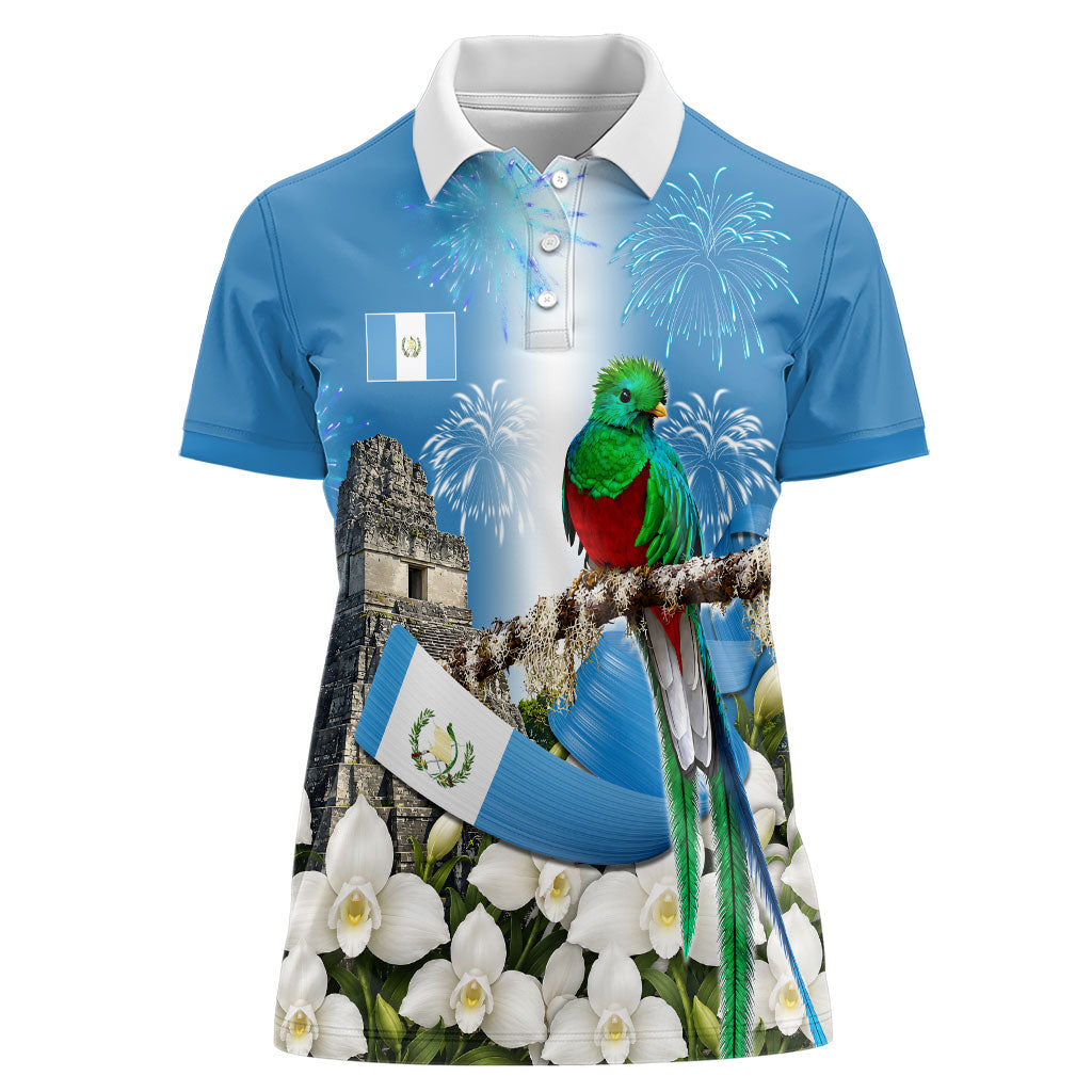 Guatemala Quetzal And Mayan Ruins Women Polo Shirt Patriotic National Symbols White Orchid Flag