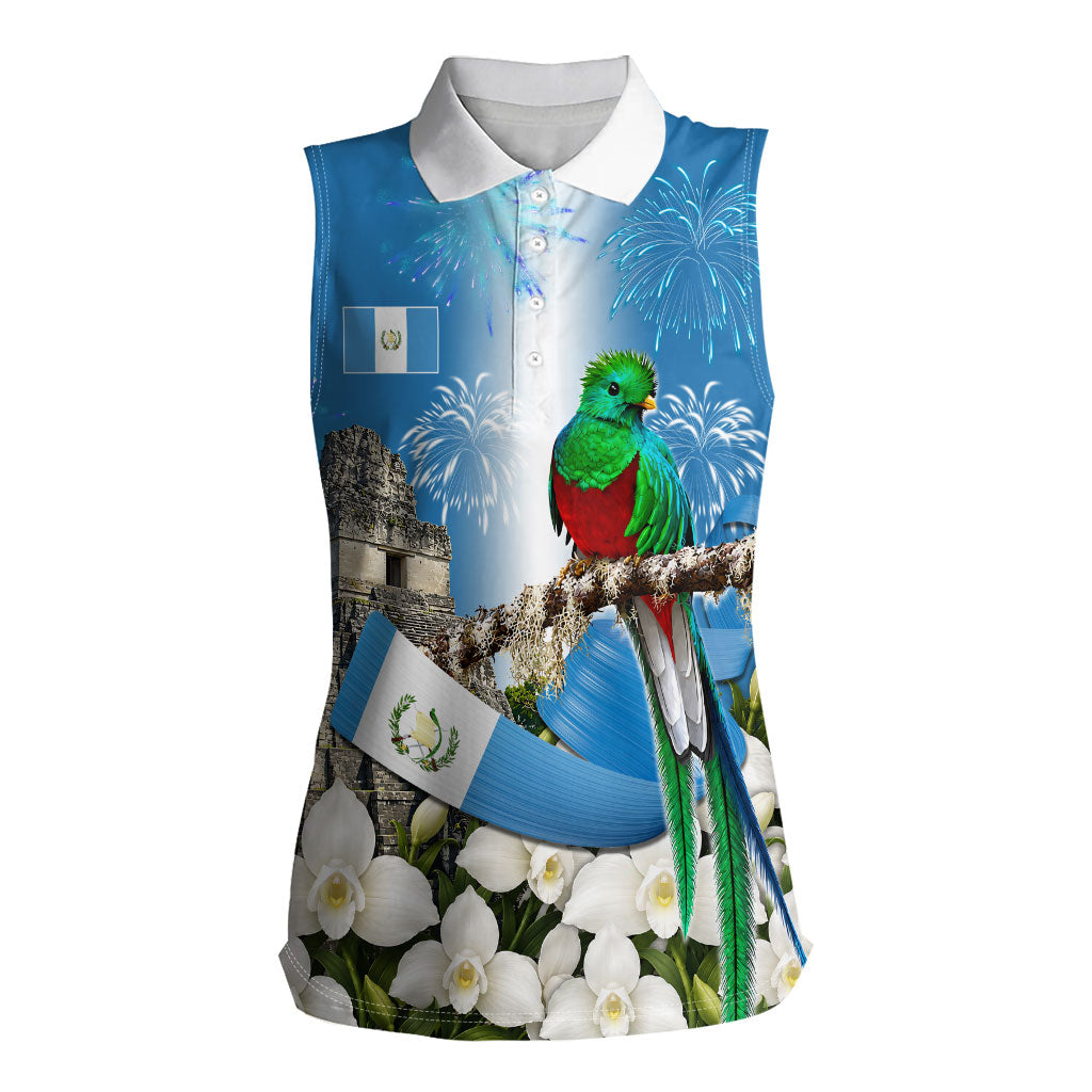 Guatemala Quetzal And Mayan Ruins Women Sleeveless Polo Shirt Patriotic National Symbols White Orchid Flag
